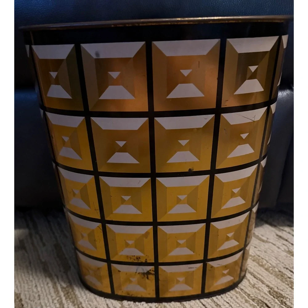 VTG Mid Century HARVELL Black &  Gold Geometric Trash Can Oval 12.5in